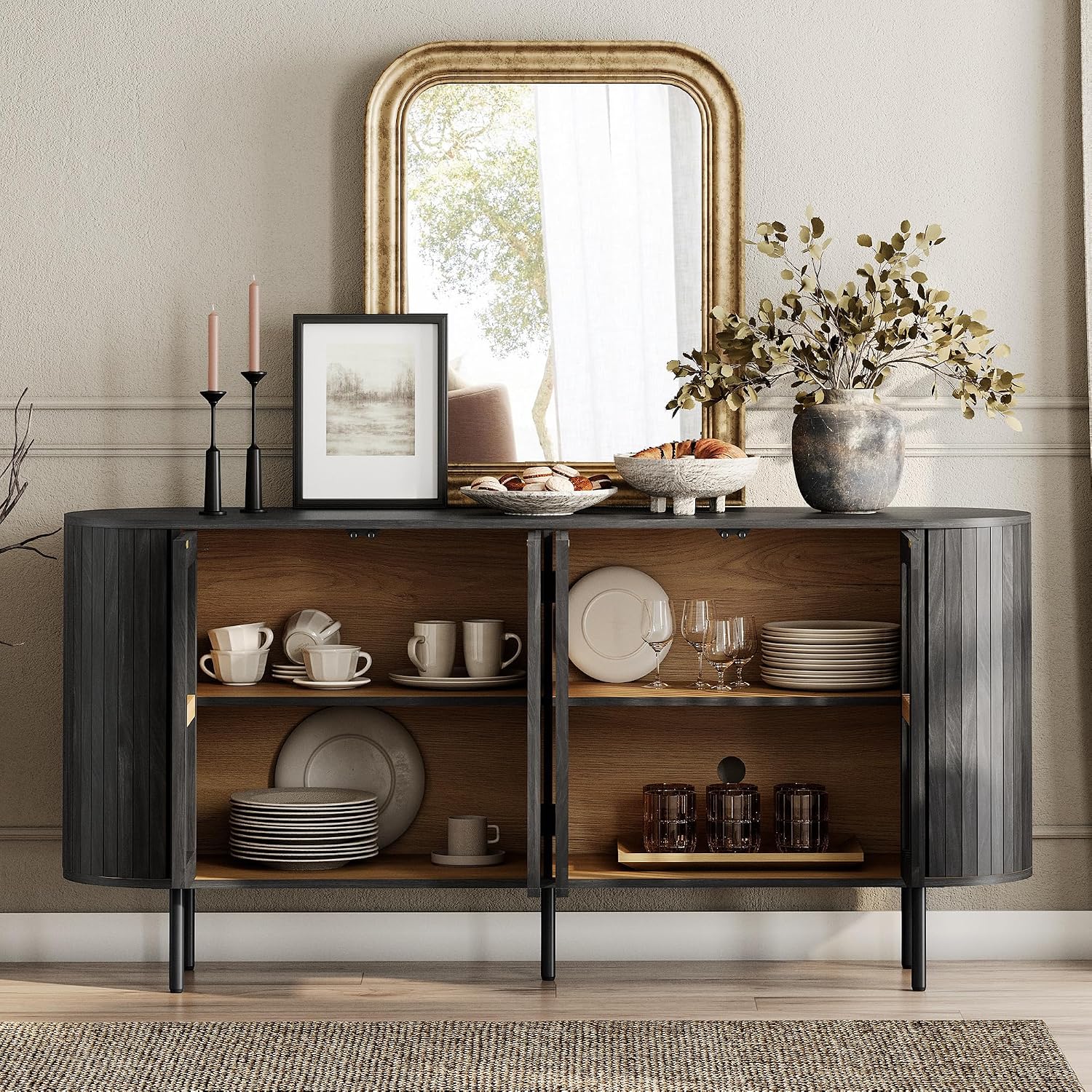 WAMPAT Fluted Sideboard Buffet Cabinet, 65" Mid Century Modern Credenza Storage Cabinet with 4 Pop-Up Doors, Wood Accent Kitchen Buffet Table for Dining Room,Living Room, Entryway, Black