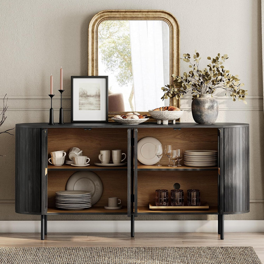 WAMPAT Fluted Sideboard Buffet Cabinet, 65" Mid Century Modern Credenza Storage Cabinet with 4 Pop-Up Doors, Wood Accent Kitchen Buffet Table for Dining Room,Living Room, Entryway, Black