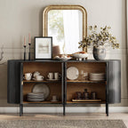 WAMPAT Fluted Sideboard Buffet Cabinet, 65" Mid Century Modern Credenza Storage Cabinet with 4 Pop-Up Doors, Wood Accent Kitchen Buffet Table for Dining Room,Living Room, Entryway, Black