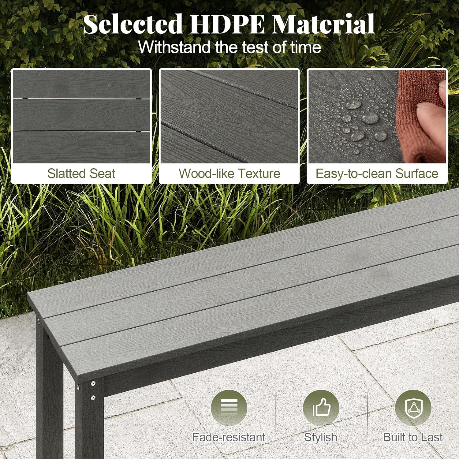 Tangkula HDPE Outdoor Bench, 2-3 Person Patio Bench, 55" Backless Garden Dining Bench with Slatted Seat, Weatherproof Park Bench for Entryway, Porch, Lawn & Backyard (Grey,1)