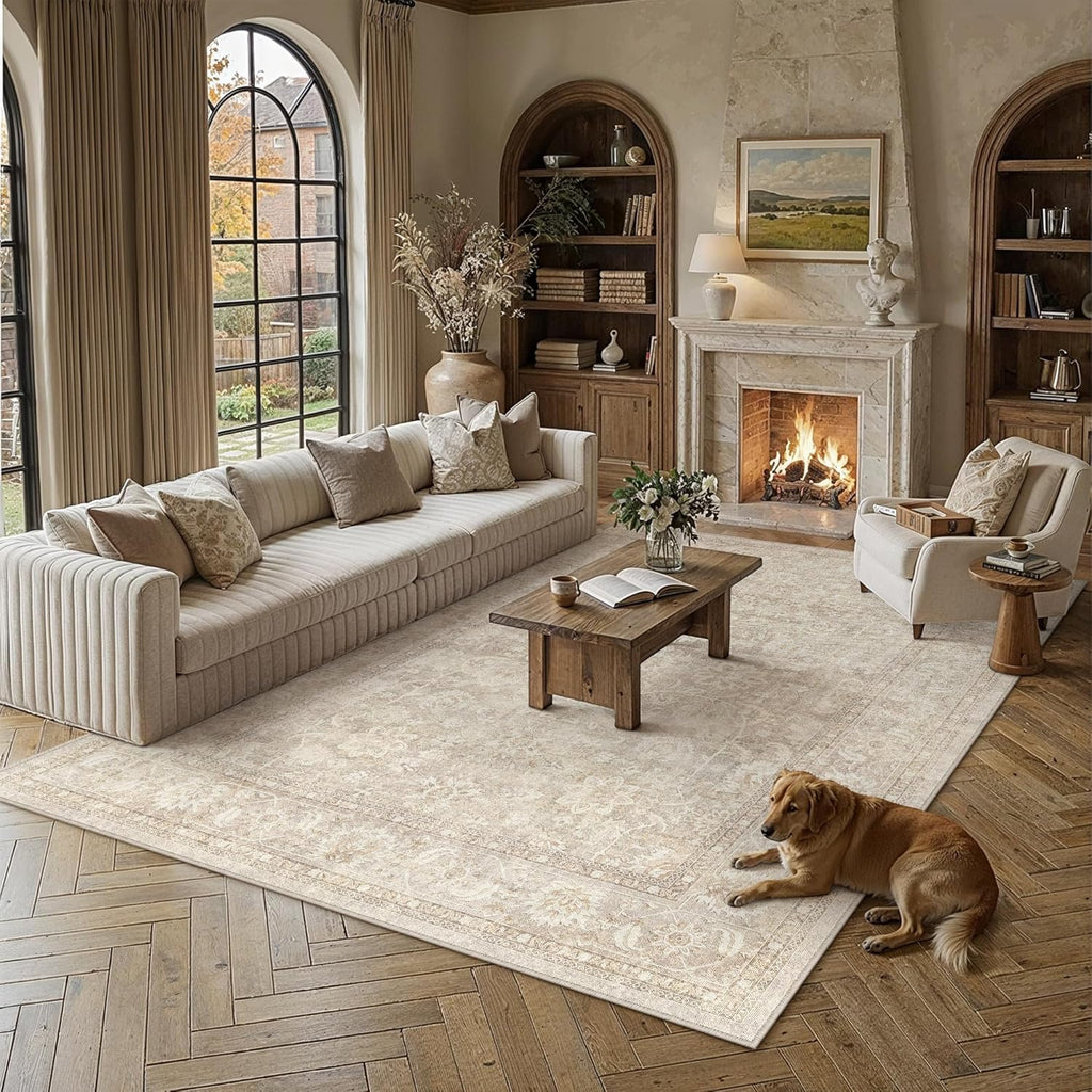 PureCozy 8x10 Beige Living Room Area Rug Vintage Washable Non Slip Indoor Carpet Distressed Low Pile Soft Retro Accent Throw Large Rug for Bedroom Dining Room Office