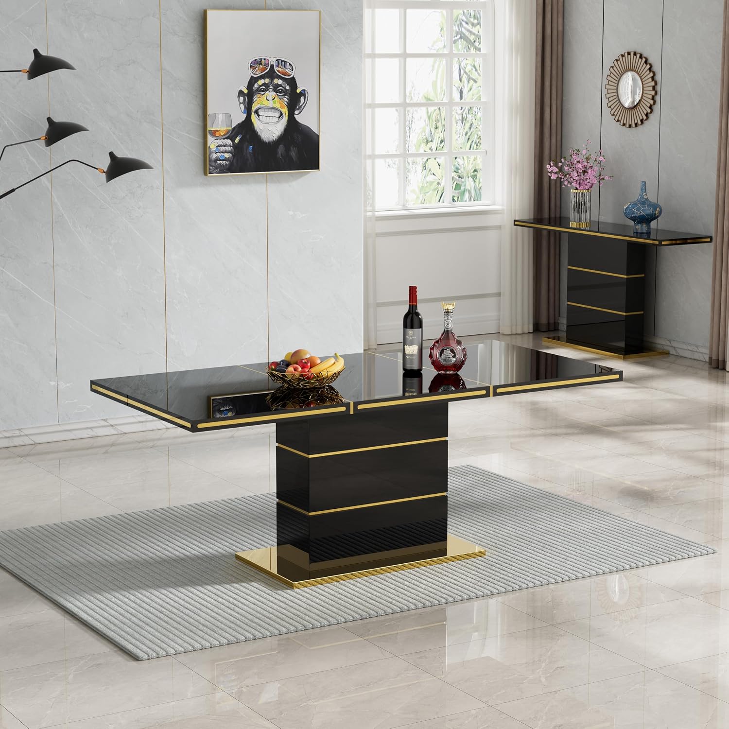 SSLine 70" Modern High Gloss Dining Table for 6, Black Wooden Tabletop with Gold Stainless Steel Trim, Geometric Pedestal Base, Luxury Elegant Kitchen Table for Home Office Dining Room