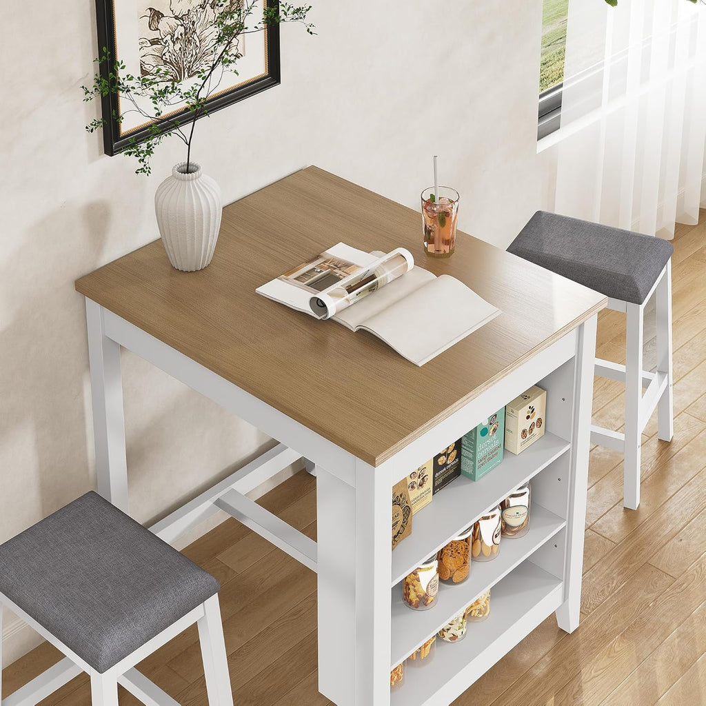 HLR Small Dining Table for 2, Farmhouse Kitchen Table with Storage Shelves, Modern Space-Saving Dinner Table, Square Compact Dining Table for Dining Room, Kitchen, Small Spaces, Apartment, White