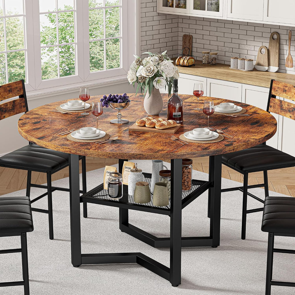 IRONCK Round Dining Table Set for 4, Dining Room Table Set with 4 Chairs, 47.2'' Dinner Table with Wooden Tabletop and Metal Base, 5-Piece Kitchen Table and Chairs, Rustic Brown