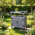 Backyard Storage Cabinet Wooden Outdoor Patio Storage Cabinet Rolling Potting Bench with Wheels Country Garden Potting Table Workstation