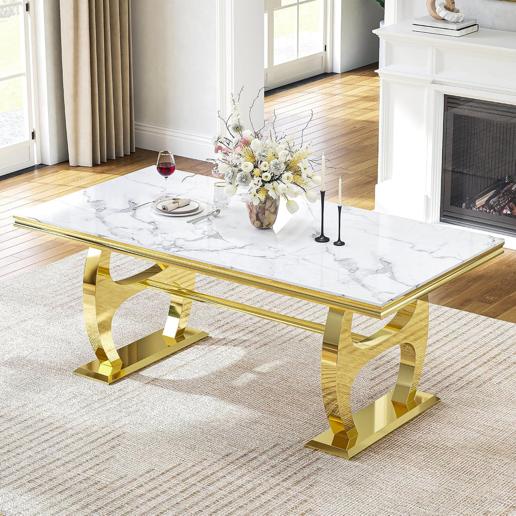 69" Faux Marble Dining Table for 6, Modern Rectangular Kitchen Table with Gold Mirrored Stainless Steel Double H-Shape Base, Luxury Dining Table for Living Room, Home Office