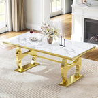 69" Faux Marble Dining Table for 6, Modern Rectangular Kitchen Table with Gold Mirrored Stainless Steel Double H-Shape Base, Luxury Dining Table for Living Room, Home Office