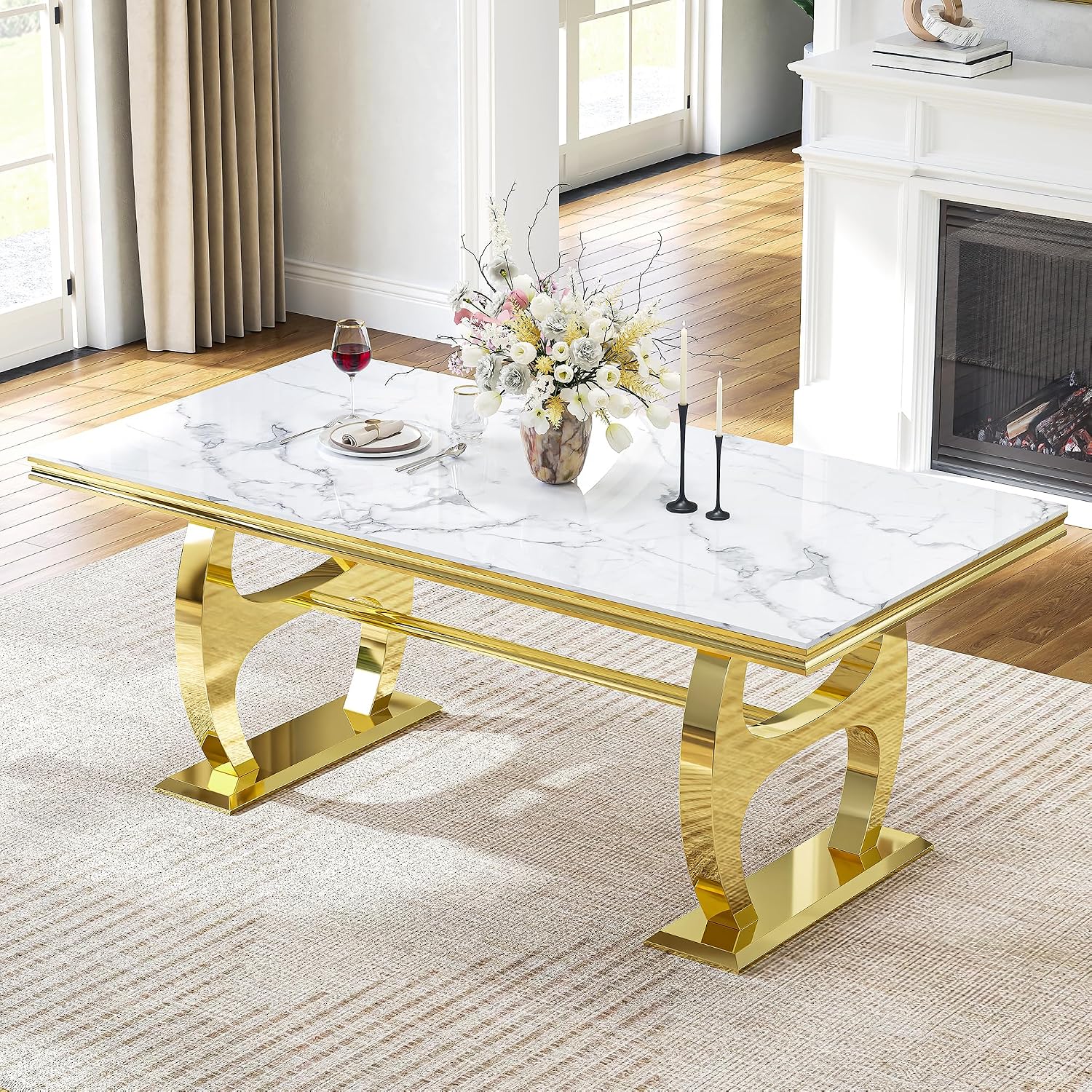 69" Faux Marble Dining Table for 6, Modern Rectangular Kitchen Table with Gold Mirrored Stainless Steel Double H-Shape Base, Luxury Dining Table for Living Room, Home Office