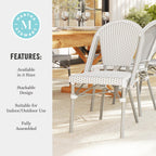 Martha Stewart Lily Pond Indoor-Outdoor Stackable Aluminum Bistro Chair with Gray Woodgrain Frame Finish and White/Gray Woven Rattan Backrest and Seat