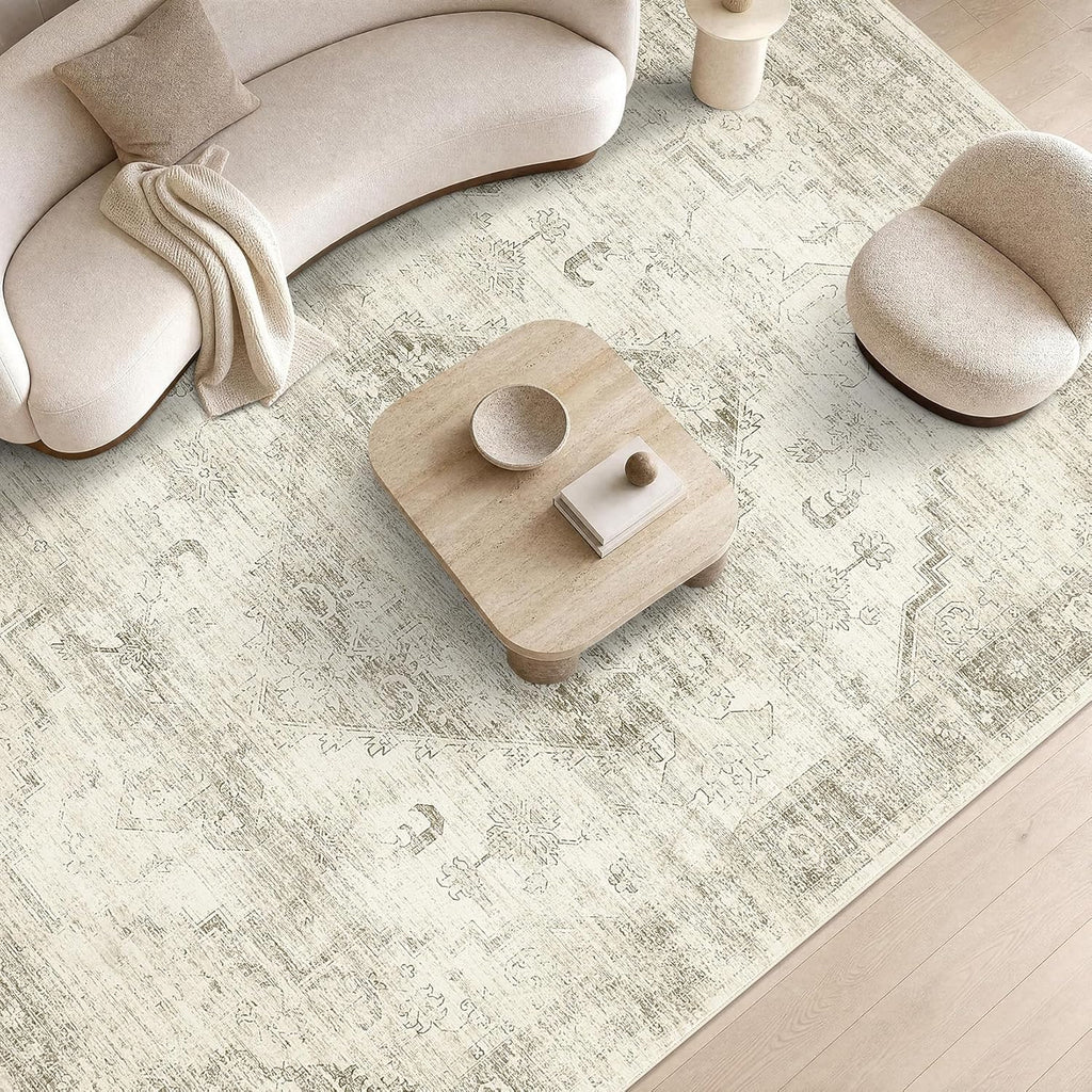 Garvee Beige 8x10 Area Rugs for Living Room, Boho Vintage Non-Slip Washable Rug Low Pile Stain Resistant Soft Foldable Large Carpet for Bedroom Dining Home Decor