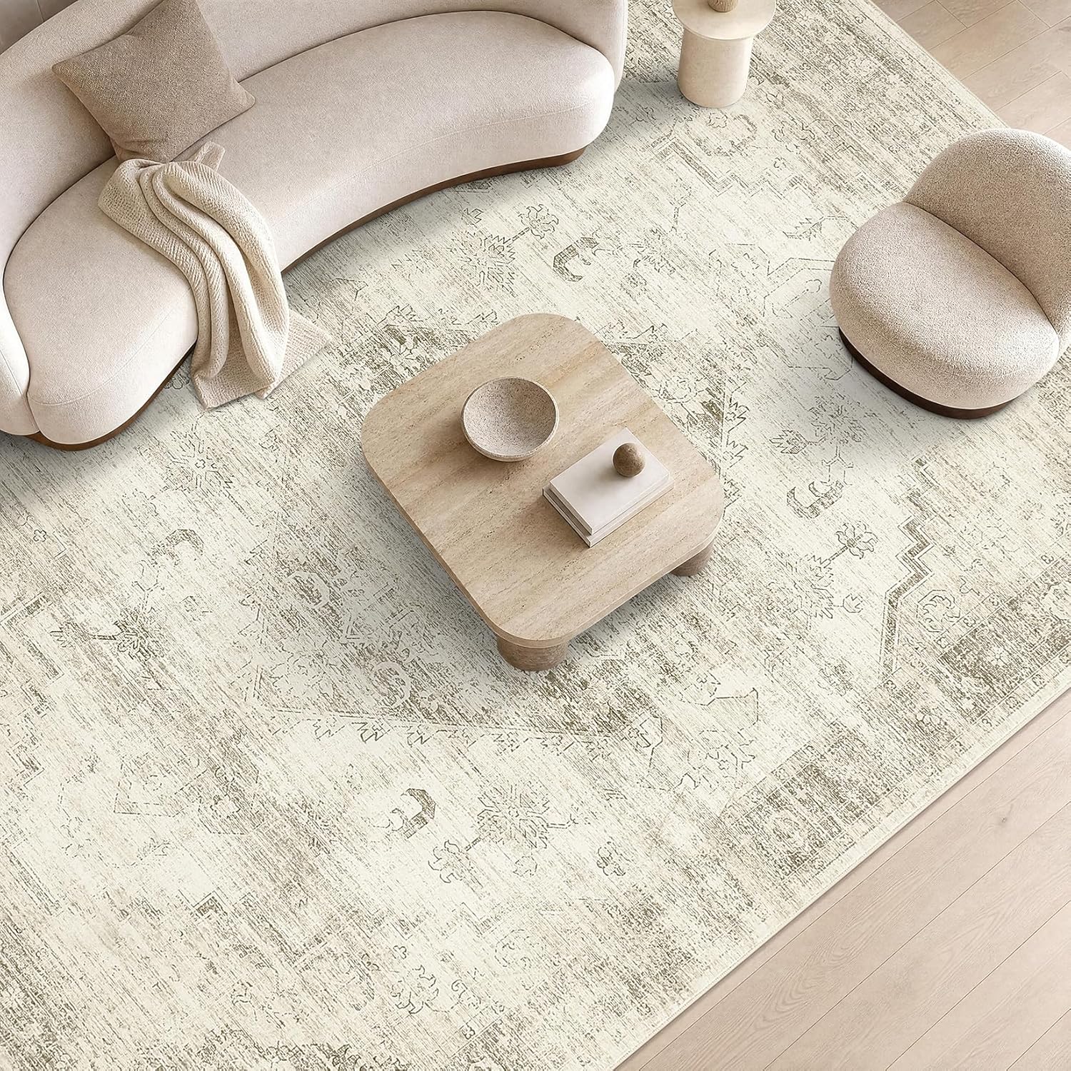 Garvee Beige 8x10 Area Rugs for Living Room, Boho Vintage Non-Slip Washable Rug Low Pile Stain Resistant Soft Foldable Large Carpet for Bedroom Dining Home Decor