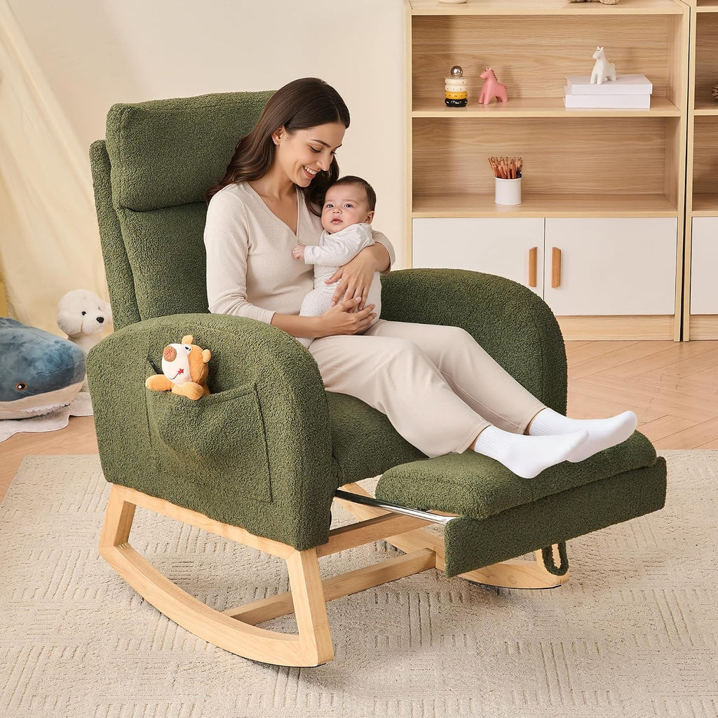 FOXHUNTER Rocking Chair for Nursery with High Backrest & Foot Rest-Nursery Rocking Chairs with Side Storage Pocket for Breastfeeding,Modern Glider Chair for Baby Bedroom,Living Room,Teddy, Green