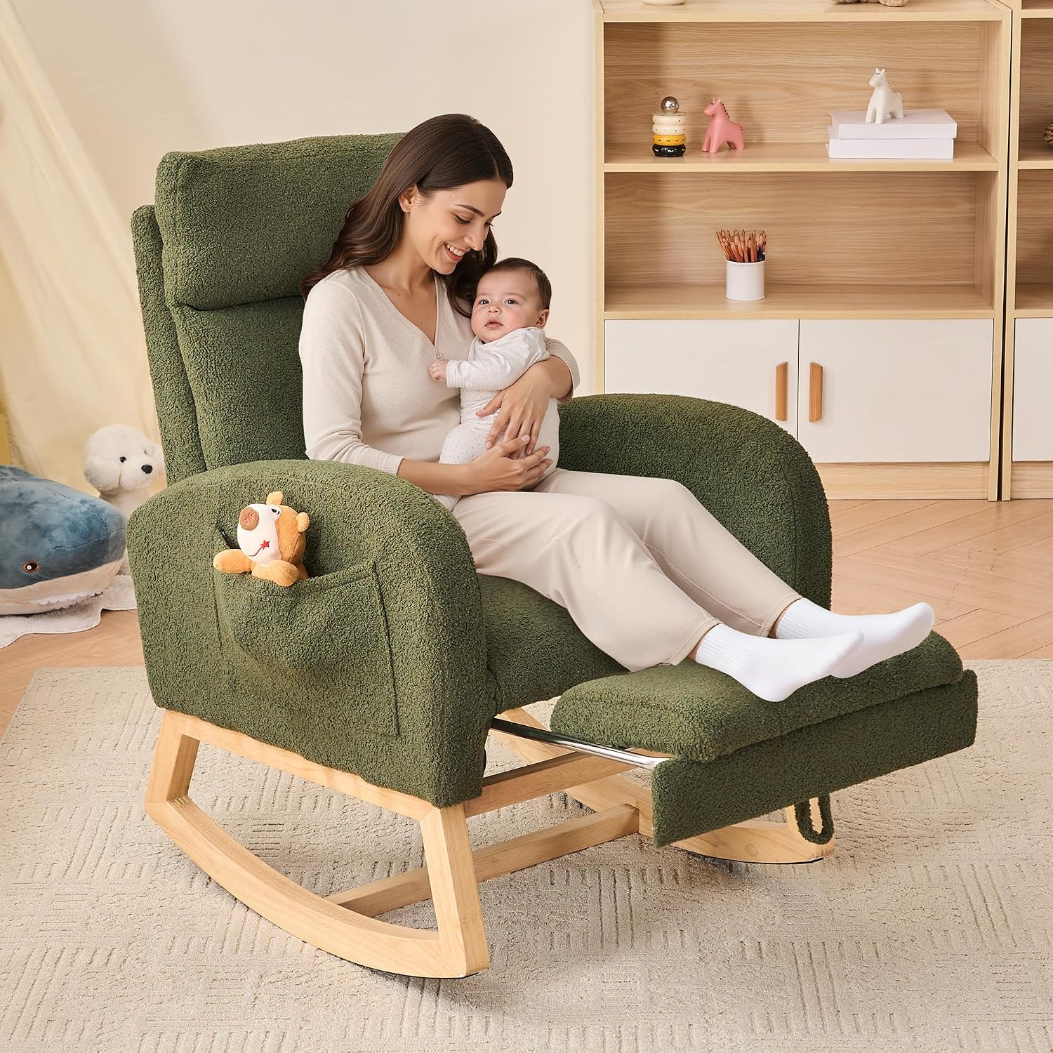 FOXHUNTER Rocking Chair for Nursery with High Backrest & Foot Rest-Nursery Rocking Chairs with Side Storage Pocket for Breastfeeding,Modern Glider Chair for Baby Bedroom,Living Room,Teddy, Green