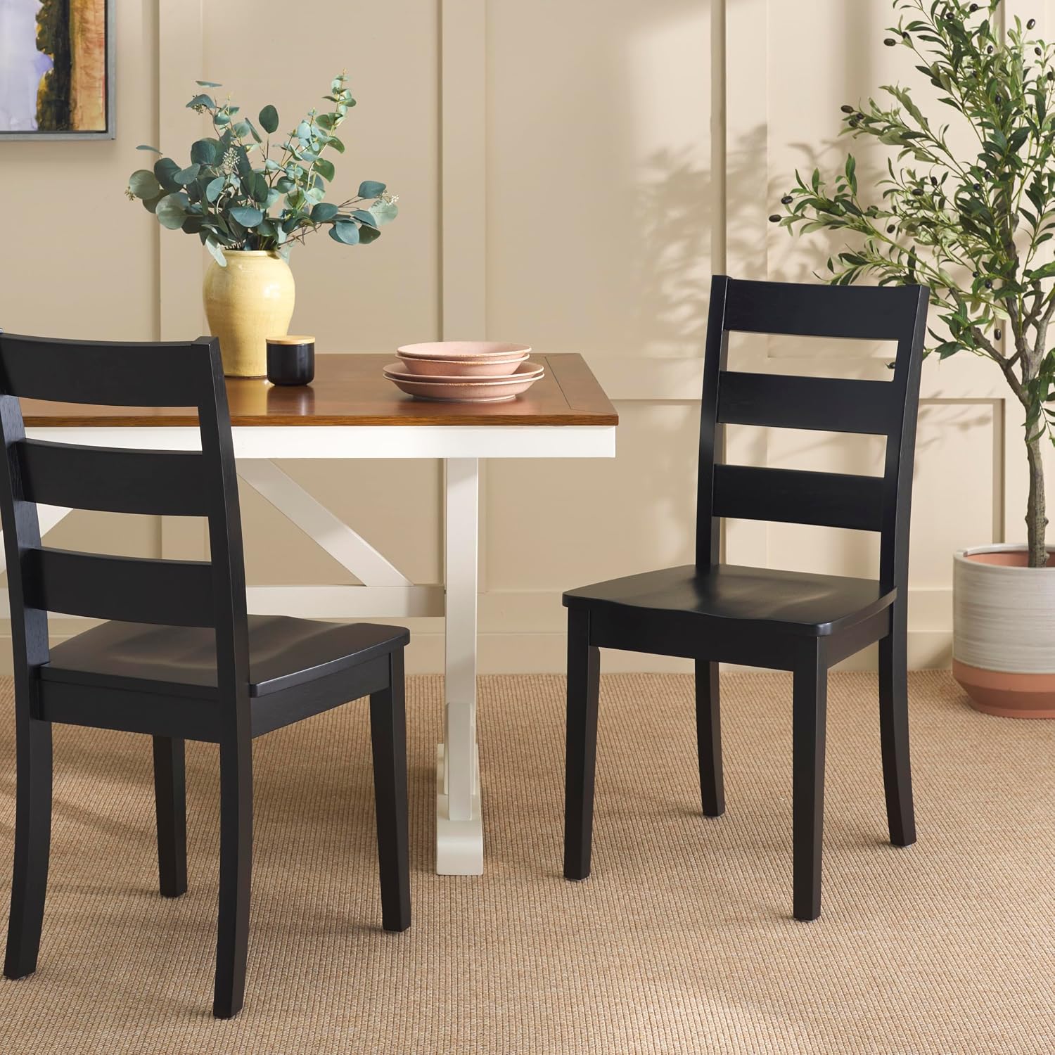 SAFAVIEH Home Collection - Silio Black Wood Ladder Back Dining Chair Set of 2, Classic Farmhouse Style Seating (DCH9213C-SET2)
