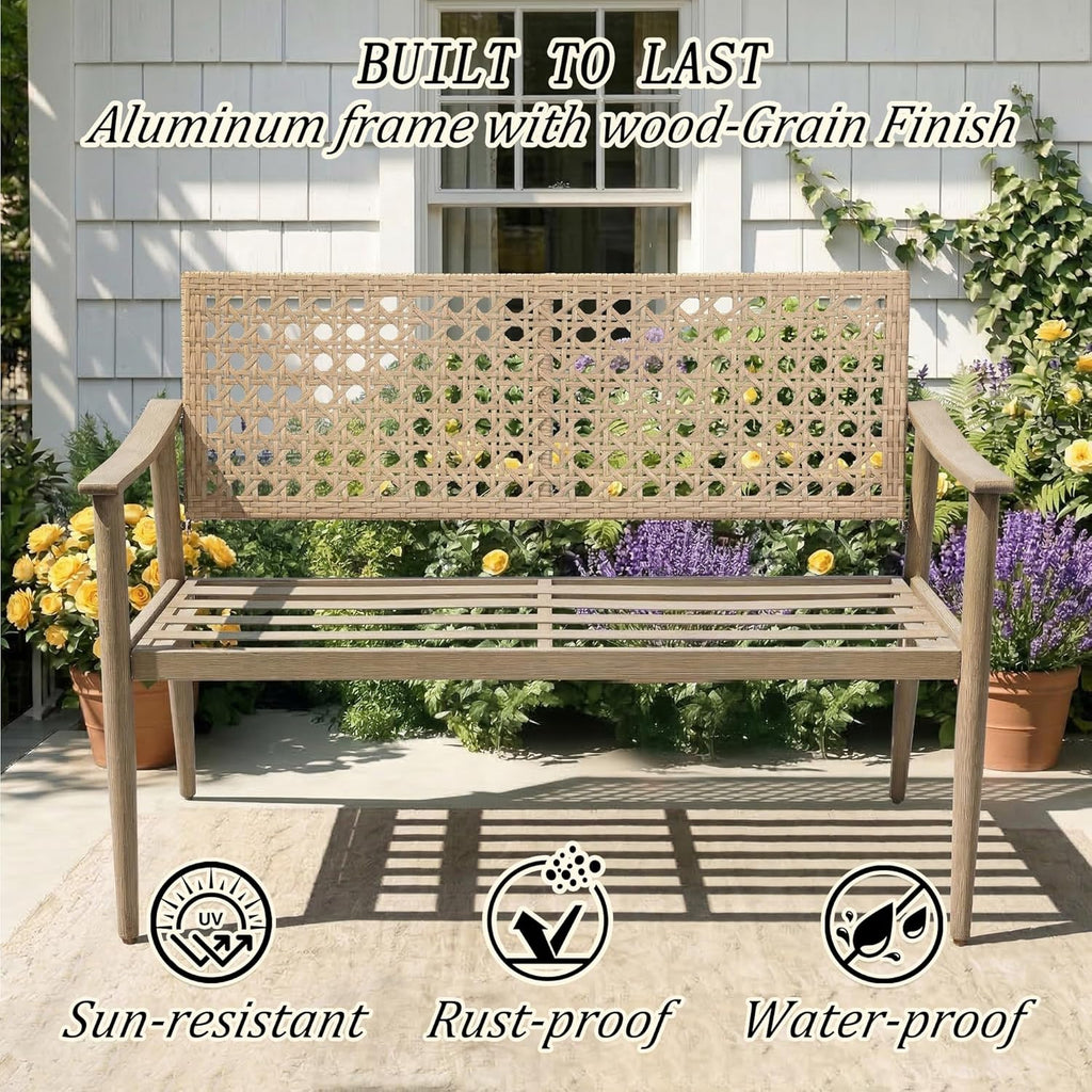 NOBLEMOOD Outdoor Patio Bench with Cushion, 2-Person Garden Loveseat Bench with Wicker Backrest, Aluminum Frame for Outside, Garden, Lawn, Front Porch, Backyard