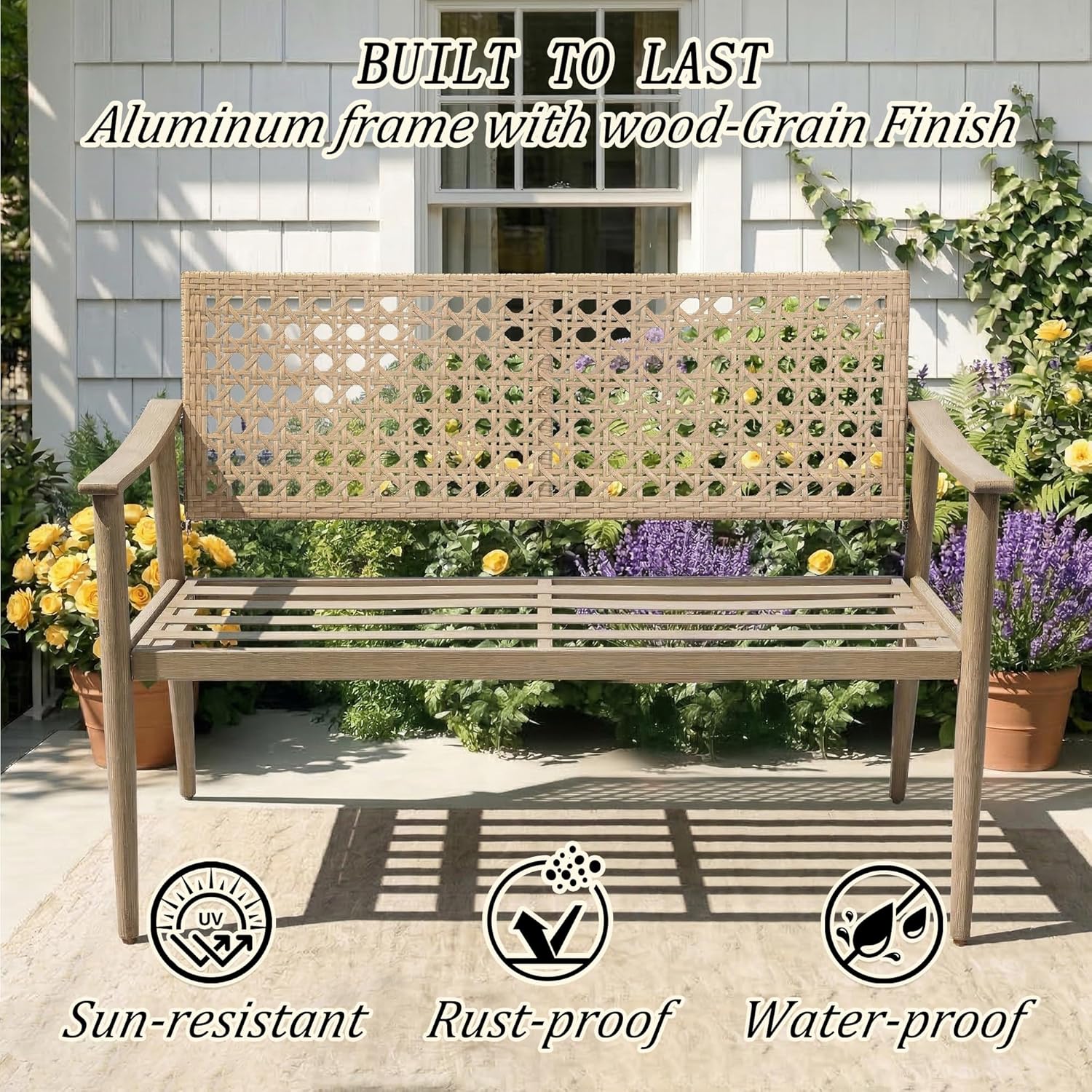 NOBLEMOOD Outdoor Patio Bench with Cushion, 2-Person Garden Loveseat Bench with Wicker Backrest, Aluminum Frame for Outside, Garden, Lawn, Front Porch, Backyard