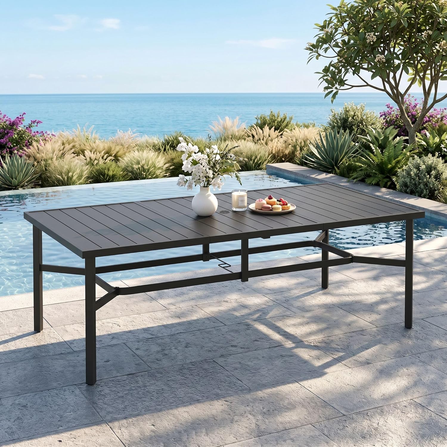 MIXPATIO Outdoor Patio Dining Table for 8, 83" x 39" Rectangular Metal Patio Dining Table with 1.7" Umbrella Hole, All Weather Wrought Iron Black Outdoor Table for Garden, Backyard and Porch