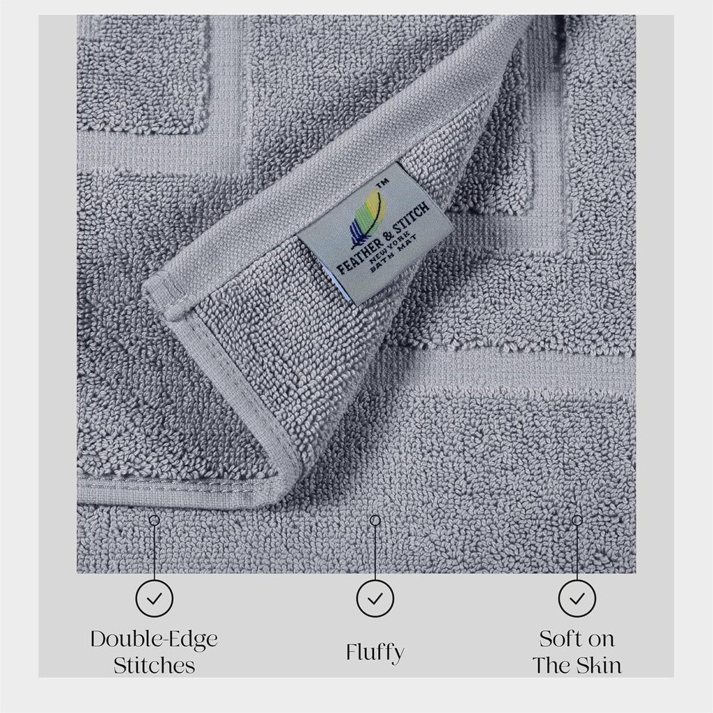 Feather & Stitch 2 Piece Towel Like Bath Mats (30x21 Inch) 100% Cotton Terry Bath Mats, Bathroom Shower Floor Mats [NOT A Bathroom Rug], Soft Absorbent Washable Mats - Grey
