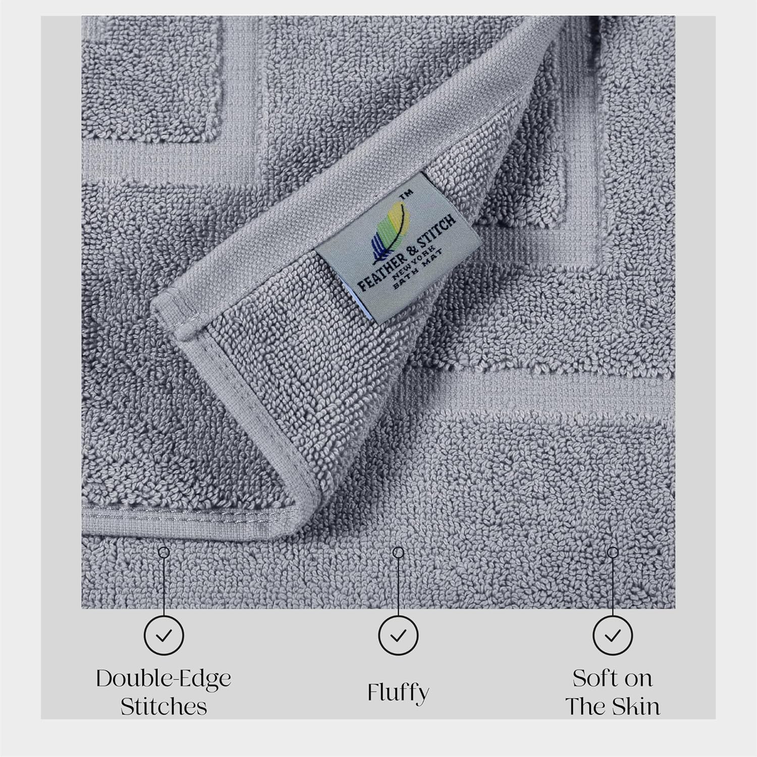 Feather & Stitch 2 Piece Towel Like Bath Mats (30x21 Inch) 100% Cotton Terry Bath Mats, Bathroom Shower Floor Mats [NOT A Bathroom Rug], Soft Absorbent Washable Mats - Grey