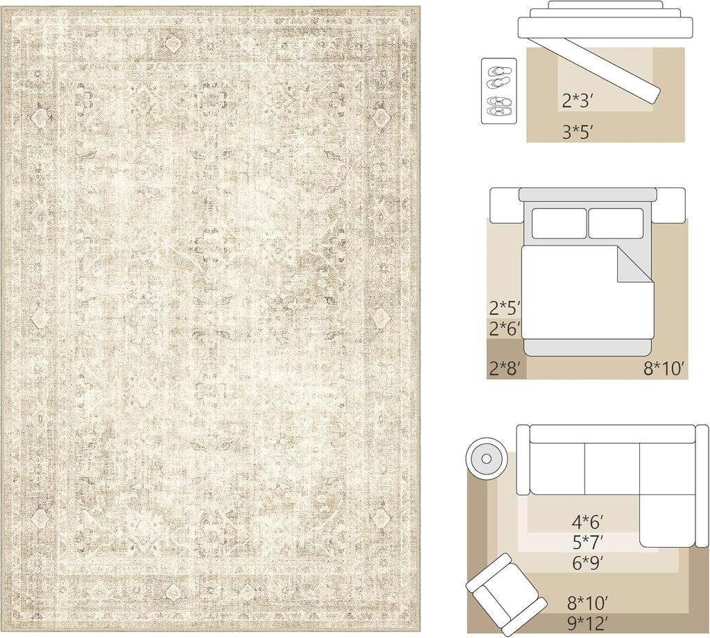 FMFUNCTEX 8x10 Washable Area Rug Beige Neutral Vintage Distressed Oriental Large Non Slip Carpet for Living Room Bedroom Traditional Retro Soft Low Pile Indoor Rugs for Dining Room Office Nursery