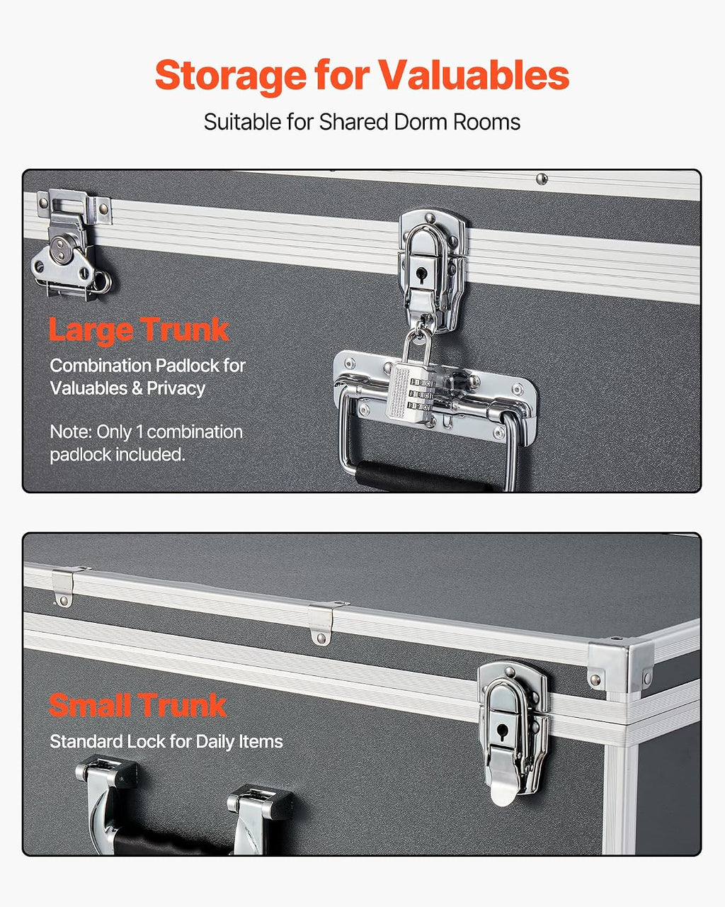 VEVOR Storage Trunk, Set of 2, Wooden Suitcase Storage Boxes with Padlocks, Large Trunk Includes Casters and 3 Metal Handles, Decorative Store Chest with Lids for Travel, Apartment, Dorm, Gray