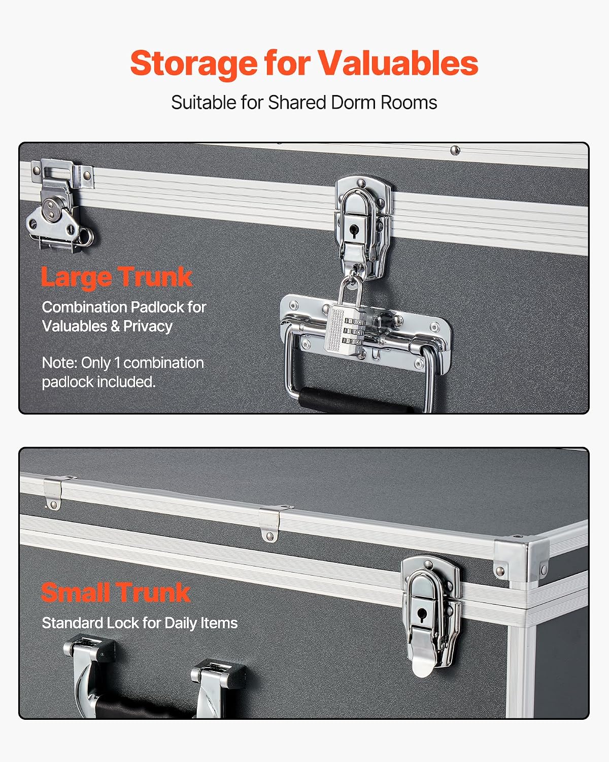 VEVOR Storage Trunk, Set of 2, Wooden Suitcase Storage Boxes with Padlocks, Large Trunk Includes Casters and 3 Metal Handles, Decorative Store Chest with Lids for Travel, Apartment, Dorm, Gray