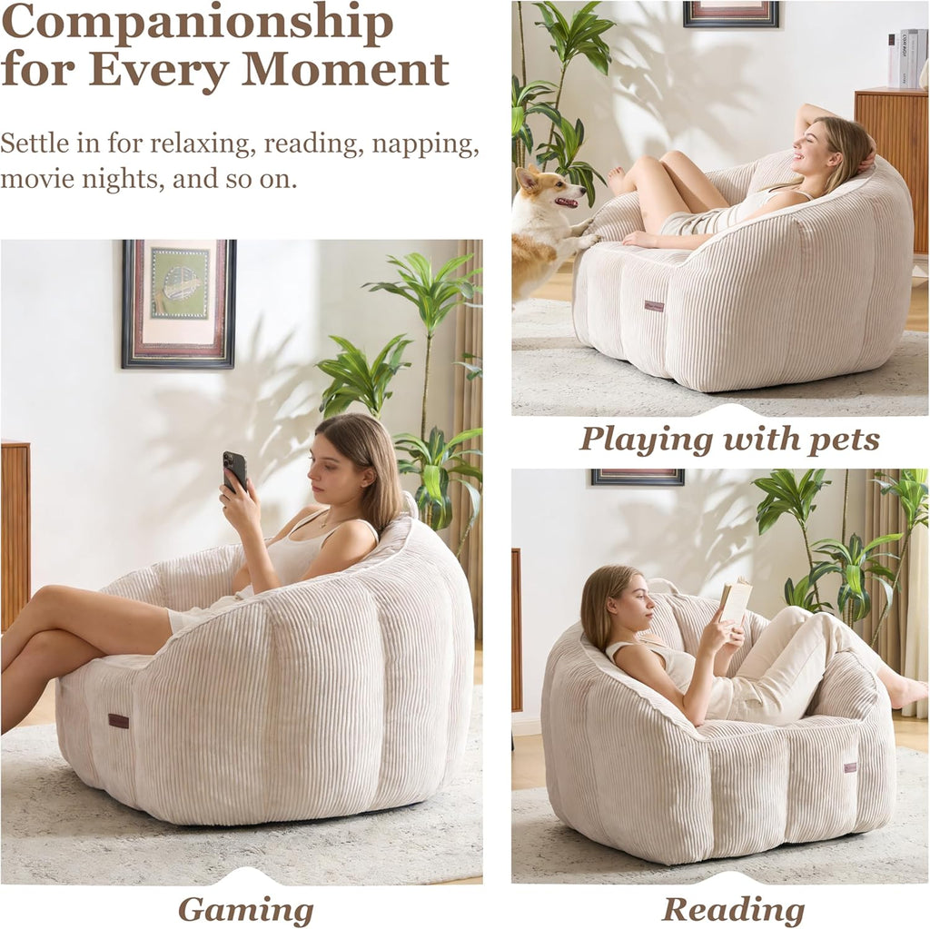 Royal Windsor Giant Bean Bag Chairs for Adults, 47 Inch Oversized Bean Bag Couch with Armrests, Lazy Floor Lounge Sofa Comfy Reading Chair for Living Room, Bedroom & Dorm, Beige