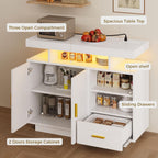 IRONCK Buffet Cabinet, Sideboard Cabinet with Power Outlet and LED Light, Modern Storage Cabinet with Drawer and Shelves, White