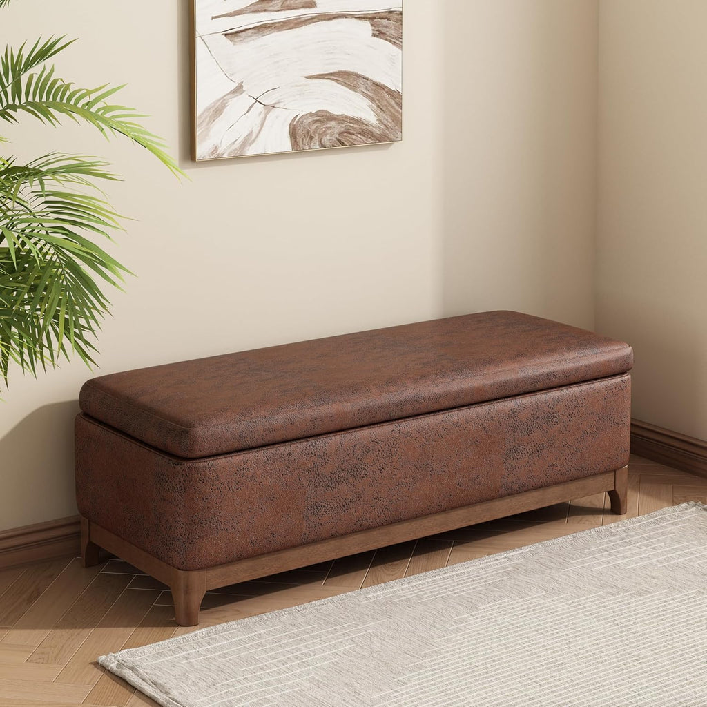 Christopher Knight Home Nesley Upholstered Ottoman with Storage for Living Room, Microfiber Modern Storage Ottoman Foot Rest, Wooden Bedroom Rectangular End of Bed Bench, Brown
