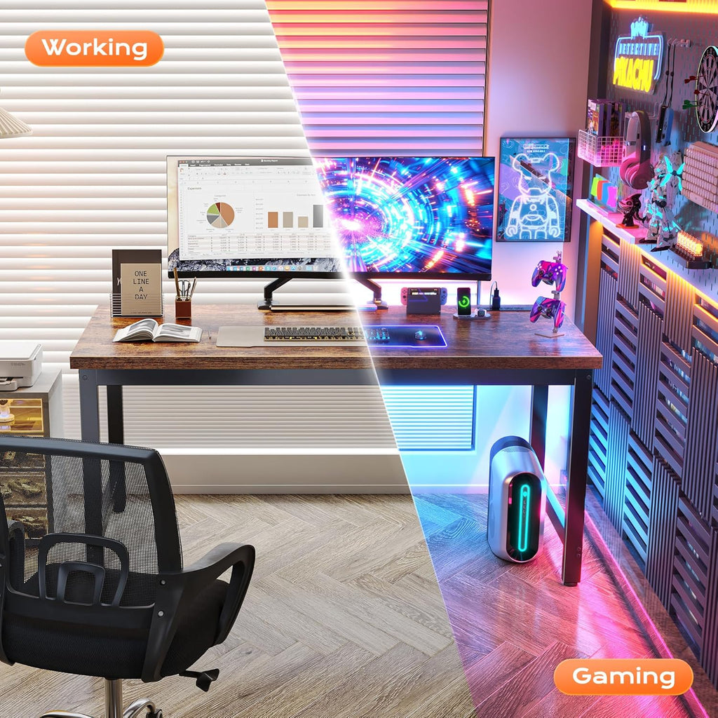 Huuger 55 x 24 inch Desk with Power Outlets & USB-C, Deeper & Thicker Desktop, Robust Metal Tubes, Computer Desk, Heavy Duty Office Desk, Work Gaming Desk for Home Office, Rustic Brown