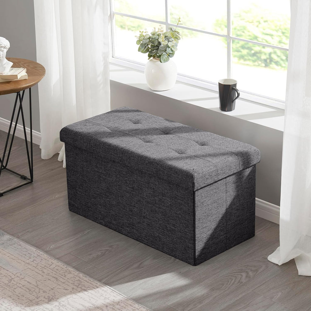 Ornavo Home 30 Inch Folding Storage Ottoman Bench, Tufted Linen, Dark Gray | Upholstered Large Ottoman with Lid; Foot Rest Stool; Ideal for Bedroom, Living Room or Entryway