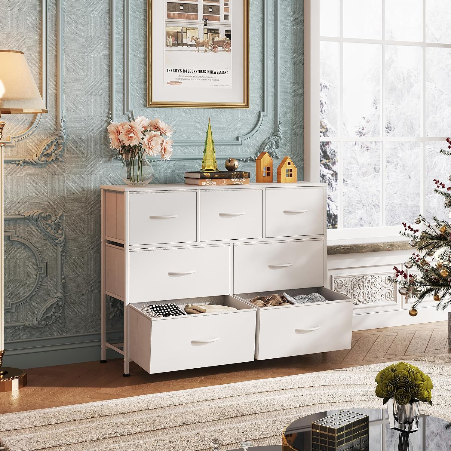 WLIVE 7 Drawer Dresser TV Stand, Dressers for Bedroom, Fabric Storage Tower, Hallway, Entryway, Closets, Sturdy Steel Frame, Wood Top, Easy Pull Handle, White