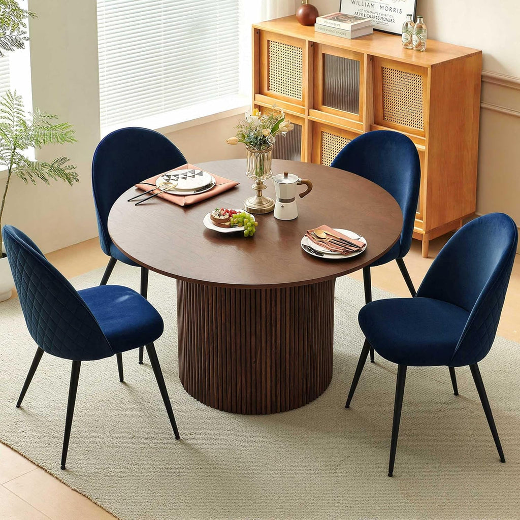 Homedot Round Kitchen Dining Table Set for 4, Modern Breakfast Dinner Dinette Table Set with Navy Blue Dining Side Chairs Upholstered, Mid Century Wooden Dining Set for Dining Room, Reception Room