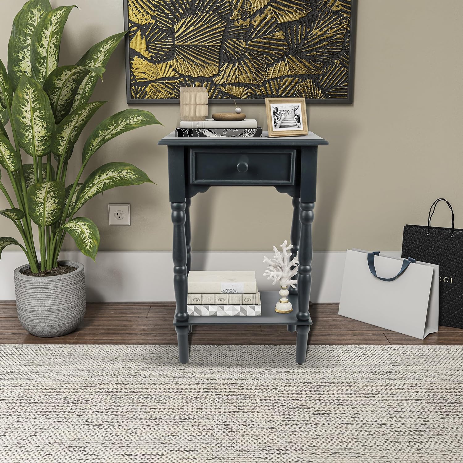 Decor Therapy Jane Nightstand Side Table with a Drawer, Shelf, Traditional Design, Navy 17" D x 14" W x 26" H