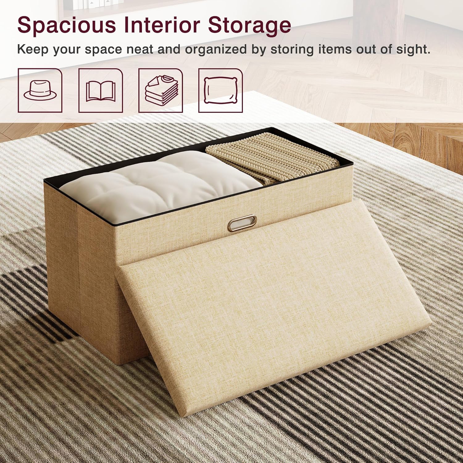 VECELO 30'' Folding Storage Ottoman Bench, End of Bed Linen Fabric Foot Rest Stool with Padded Seat, Large Footstools for Bedroom, Living Room, Load 500 lb, Khaki