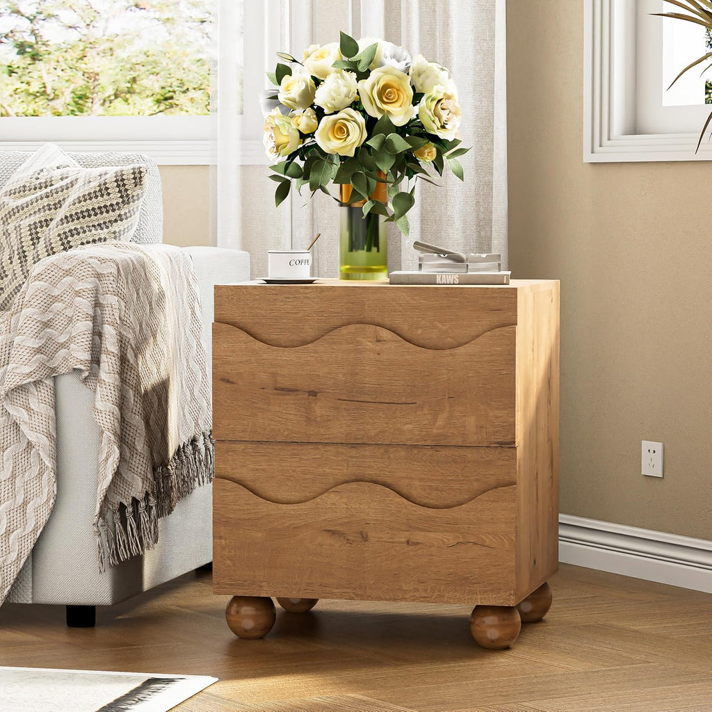 Anbuy Scalloped Nightstand for Bedroom with 2 Drawers, Modern Night Stand with Hidden Handle, Wooden End Table, Fluted Wood Bedside Table for Living Room, Natural Oak