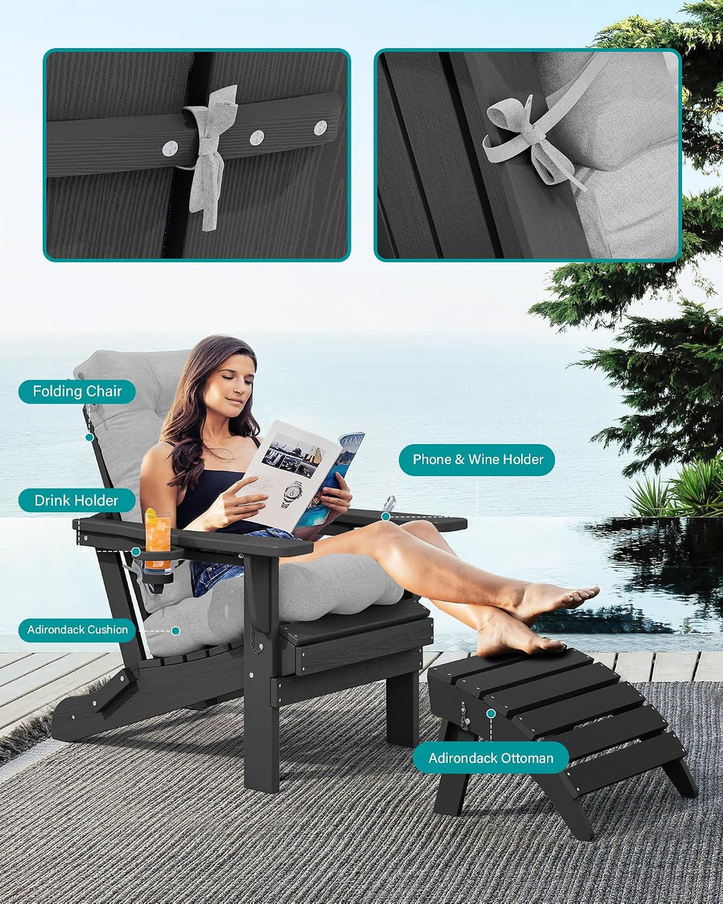SERWALL Folding Gray Adirondack Chair Set of 4 with Memory Foam Cushions