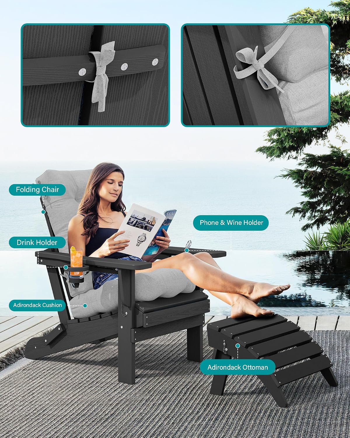 SERWALL Folding Gray Adirondack Chair Set of 4 with Memory Foam Cushions