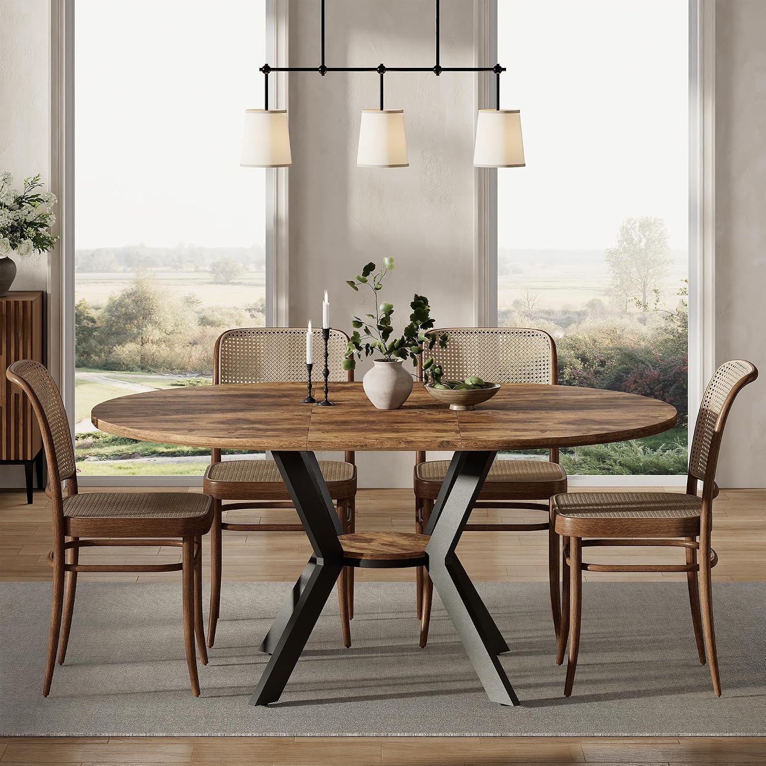 42"-58" Extendable Oval Dining Table for 4-6, Kitchen Round Table with Hidden Leaves & Storage Shelf, Space Saving Modern Design with Sturdy Metal Legs for Kitchen, Dining Room & Small Apartments
