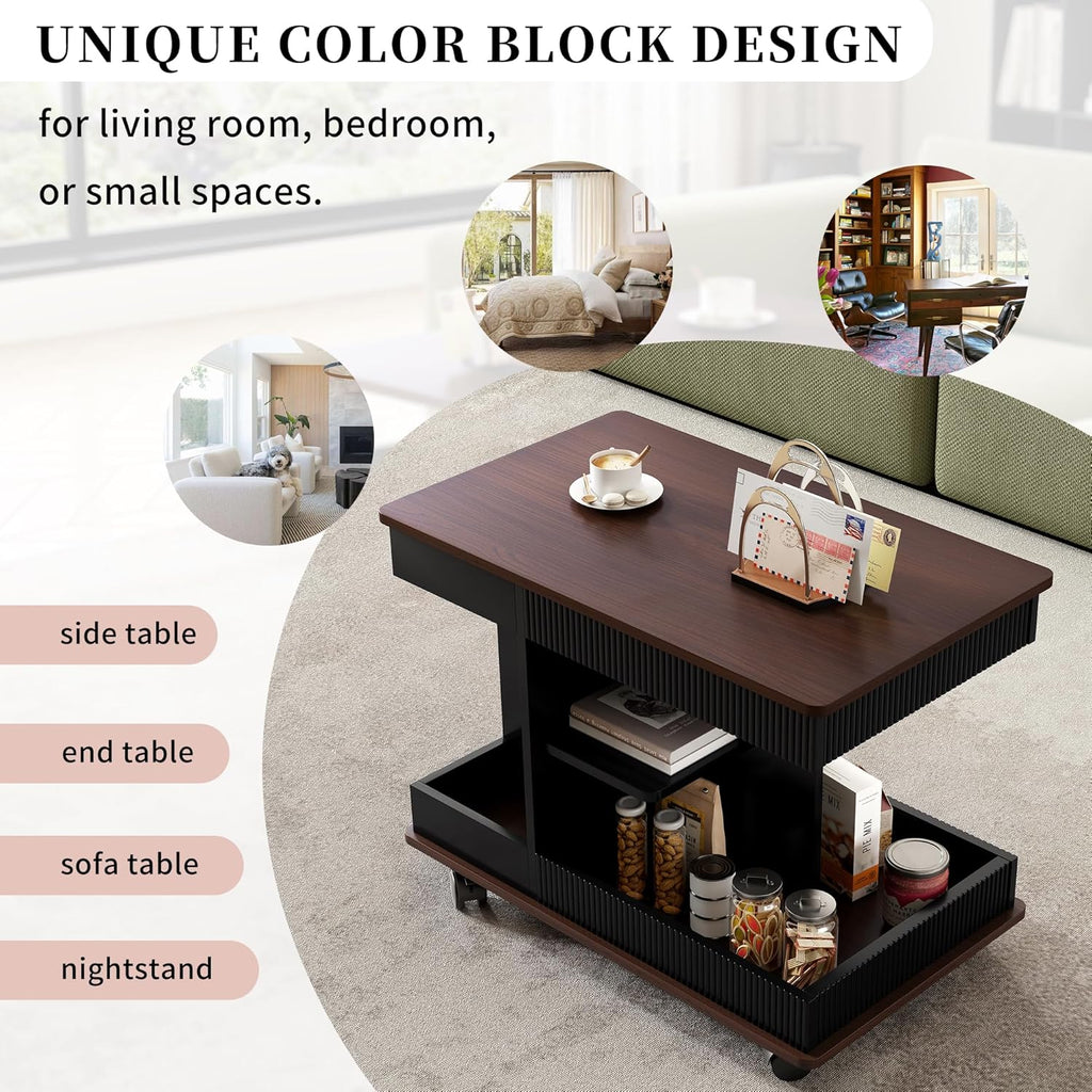 Lift Top End Table with Wheels, Rotating Sofa Side Table, 360°Rotating Top & Storage Space for Living Room, Bedroom, Small Space (Black+Brown)