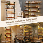 Industrial Bar Shelves, Wine Rack Wall Mounted, Walnut, 24 Inch | solid pinewood, industrial iron pipe, 5 tier, 30 lbs per shelf, with LED light, for kitchen, bar, cellar