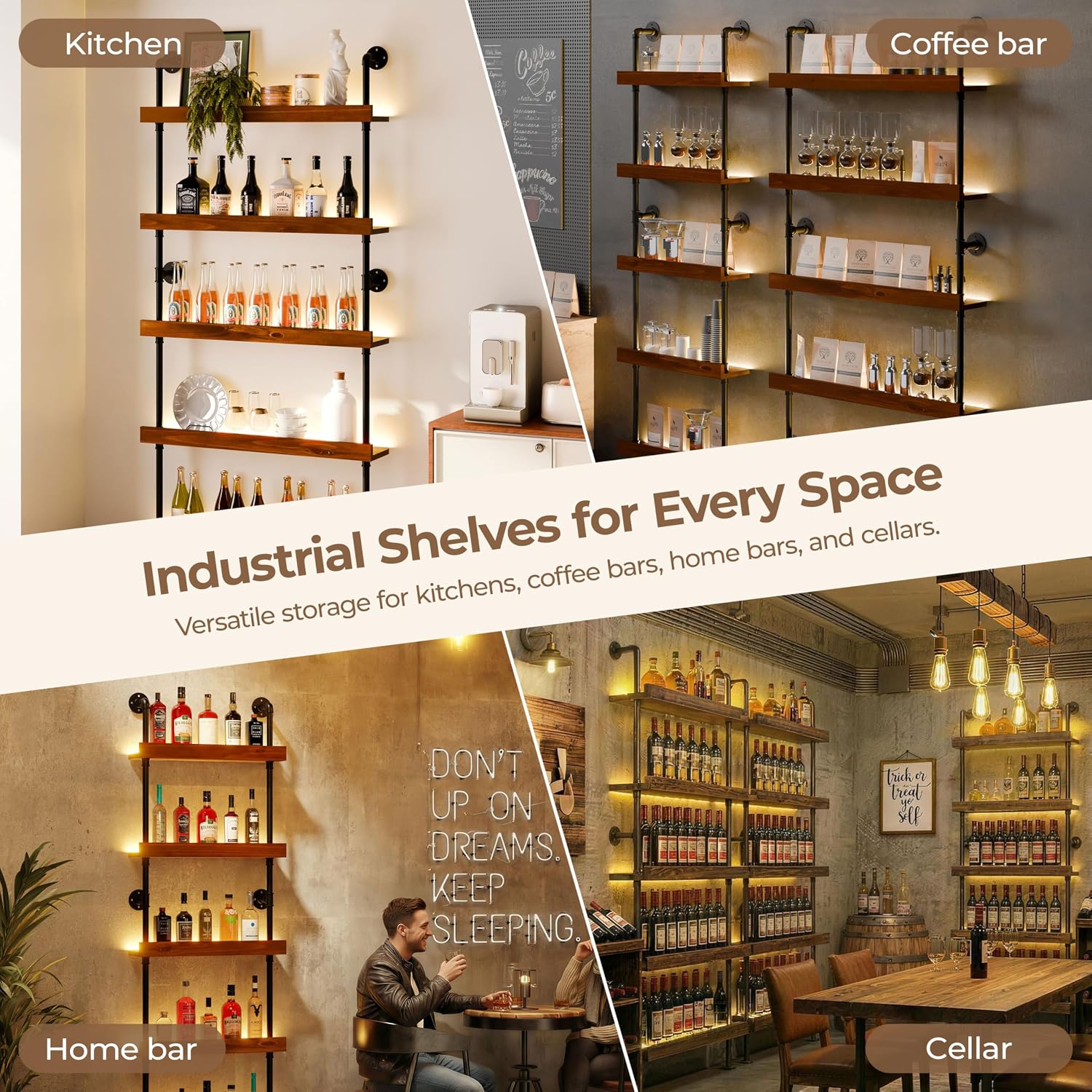 Industrial Bar Shelves, Wine Rack Wall Mounted, Walnut, 24 Inch | solid pinewood, industrial iron pipe, 5 tier, 30 lbs per shelf, with LED light, for kitchen, bar, cellar