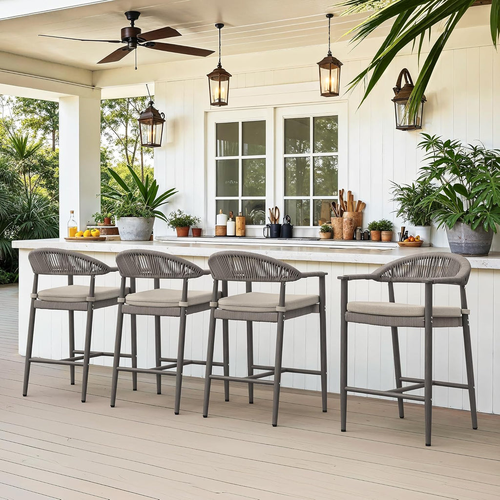 Cozyman Bar Stools Set of 4, 24.8'' Aluminum Outdoor Bar Stool with Removable Cushion, Boho Rattan BarStools, Olefin Rope Woven Bar Chairs with Footrest for Patio, Garden, Pool, Kitchen, Gray
