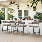 Cozyman Bar Stools Set of 4, 24.8'' Aluminum Outdoor Bar Stool with Removable Cushion, Boho Rattan BarStools, Olefin Rope Woven Bar Chairs with Footrest for Patio, Garden, Pool, Kitchen, Gray