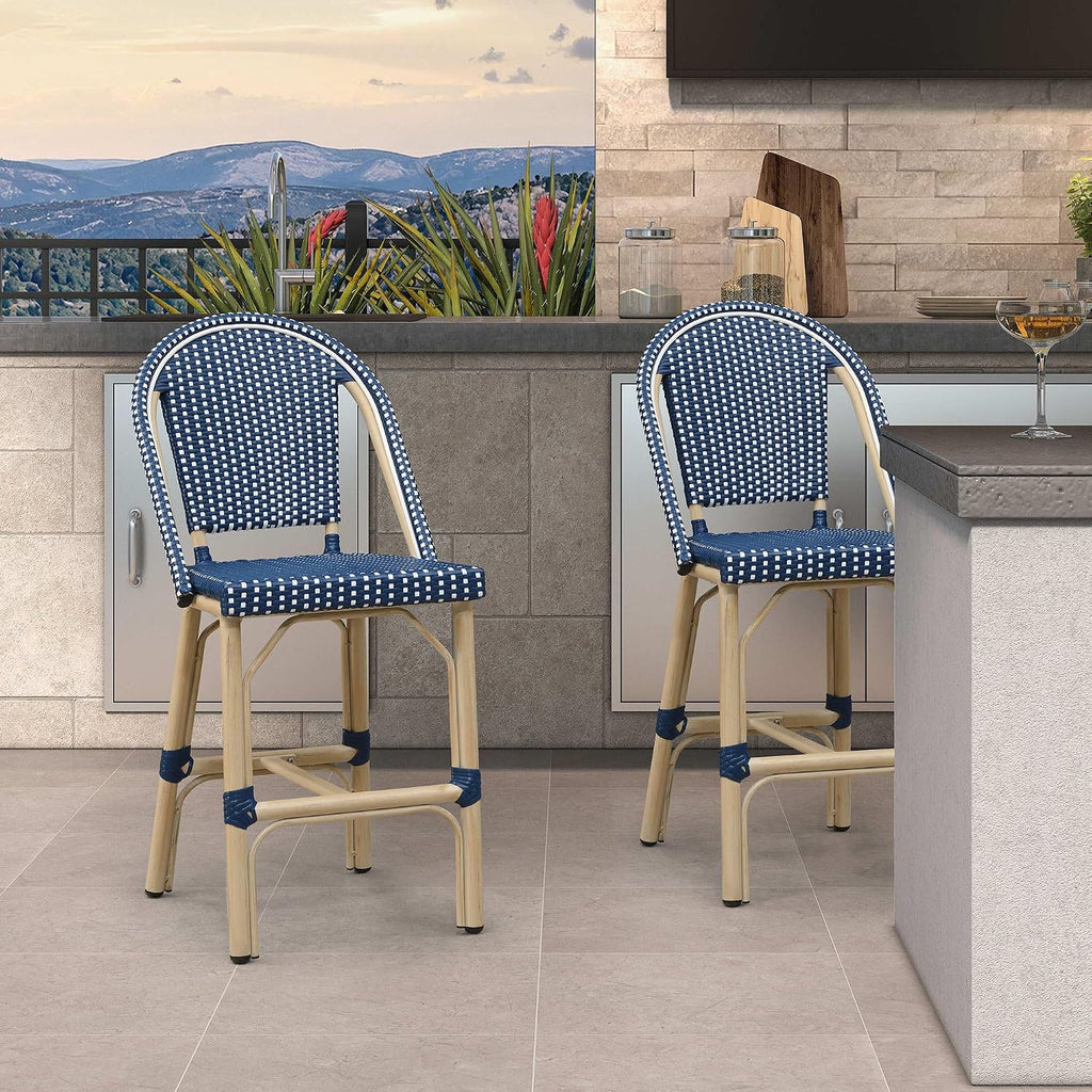 PURPLE LEAF Patio French Counter Height Stool Set of 2 Outdoor Backrest Barstools Aluminum Frame in Champagne Finish Woven Rattan for Indoor Kitchen Garden Balcony Restaurant Navy Blue