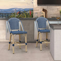 PURPLE LEAF Patio French Counter Height Stool Set of 2 Outdoor Backrest Barstools Aluminum Frame in Champagne Finish Woven Rattan for Indoor Kitchen Garden Balcony Restaurant Navy Blue