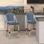 PURPLE LEAF Patio French Counter Height Stool Set of 2 Outdoor Backrest Barstools Aluminum Frame in Champagne Finish Woven Rattan for Indoor Kitchen Garden Balcony Restaurant Navy Blue