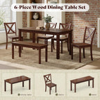AMERLIFE 6-Piece Farmhouse Dining Table Set, 59" Wooden Table with 4 Chairs & Bench, Dining & Kitchen Room Set for 6, Space-Saving Rustic Dining Set, Walnut