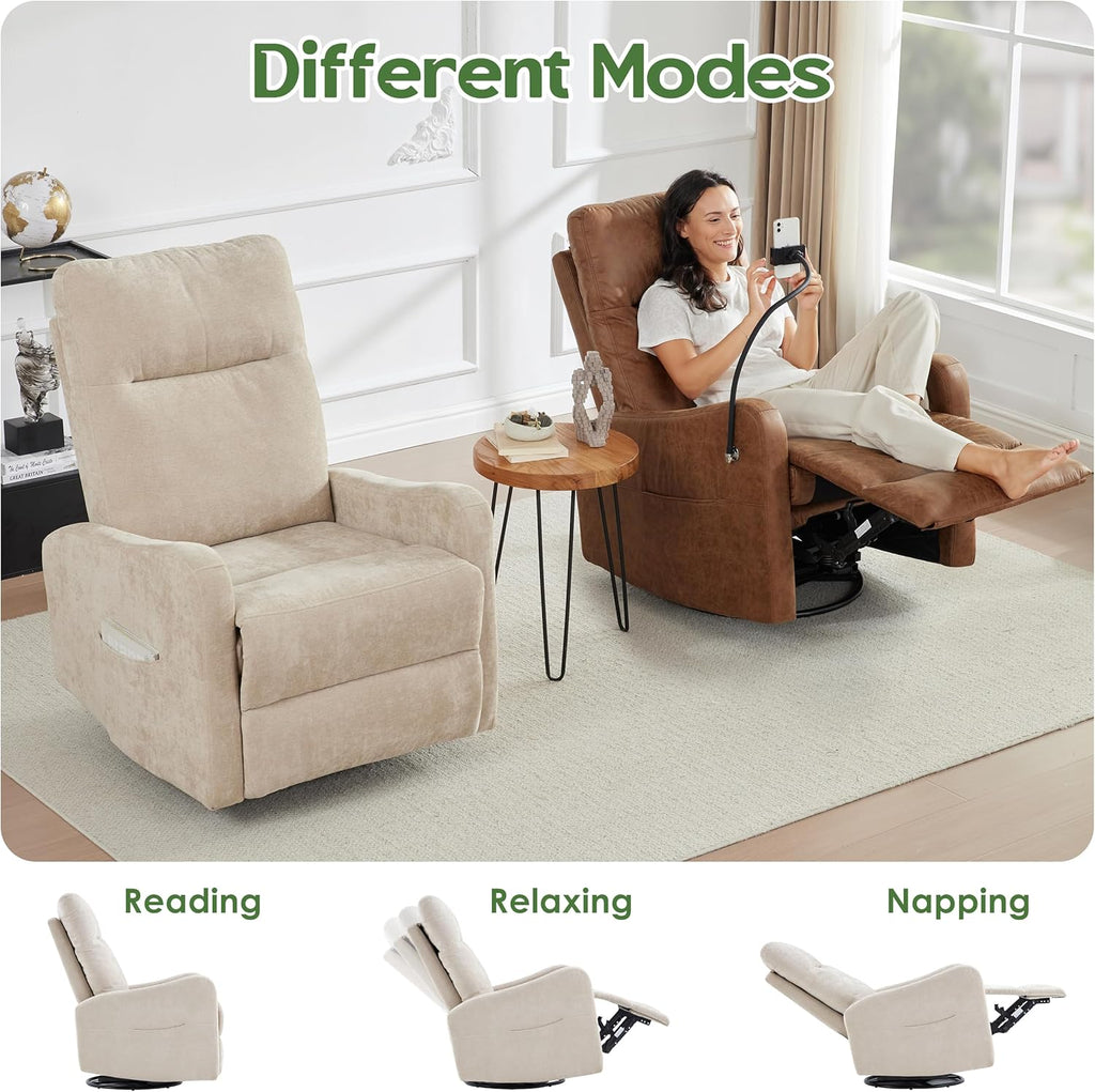 Oversized Swivel Rocking Recliner Chair, Faux Leather Manual Glider Rocker with Side Pockets, 23" Wide Seat Comfy Accent Chair for Nursery, Living Room, Bedroom, RV, Beige