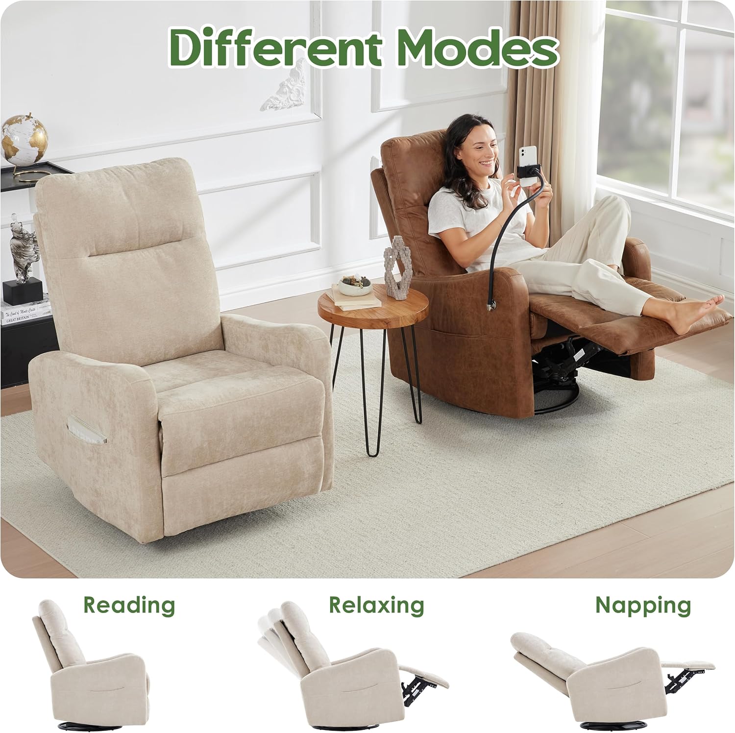 Oversized Swivel Rocking Recliner Chair, Faux Leather Manual Glider Rocker with Side Pockets, 23" Wide Seat Comfy Accent Chair for Nursery, Living Room, Bedroom, RV, Beige